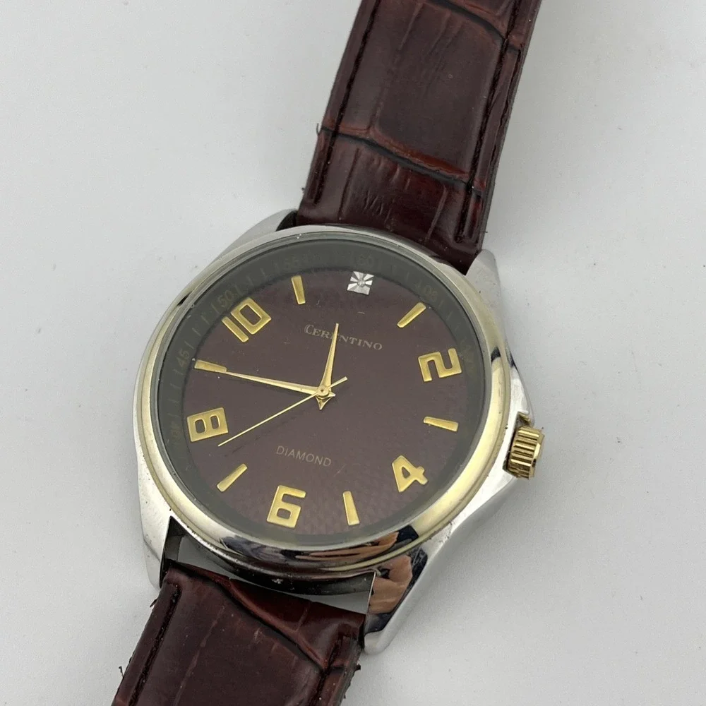 Cerentino Diamond Accent Watch Men 42mm Silver Case Brown Band- New‎ Battery